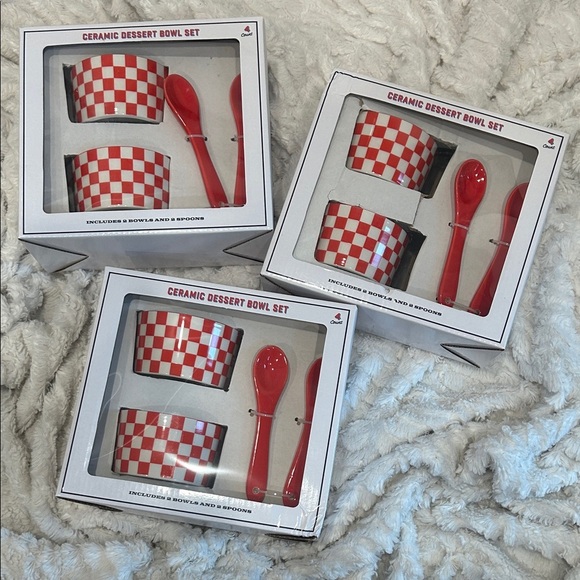 Red White Checkered vintage home Ceramic Dessert Bowl Set host goods new - Picture 1 of 4